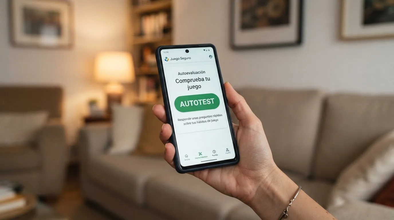 Un teléfono móvil mostrando la pantalla de JugarBIEN.es con el botón de autotest de juego responsable en primer plano