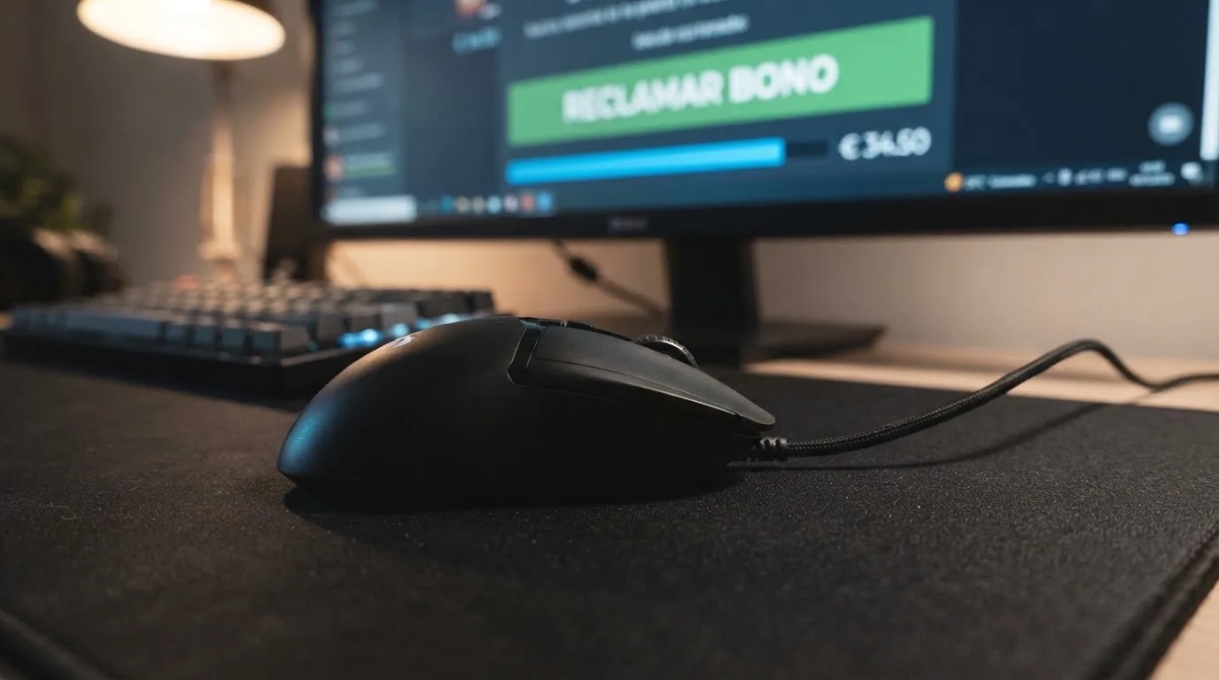 Primer plano de un ratón sobre el botón de «reclamar bono» en la pantalla de un casino online, con el contador de rake visible al fondo