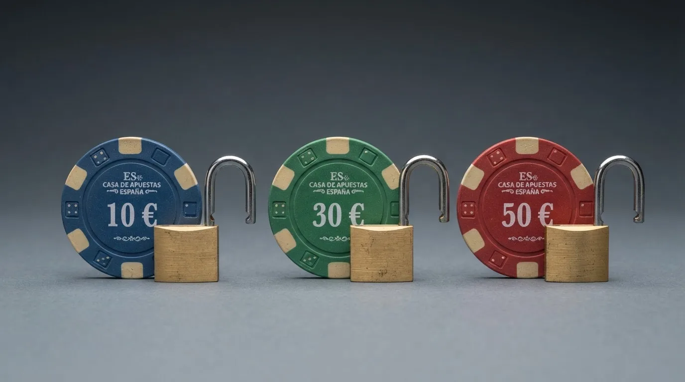 Una comparativa visual de fichas de casino con los importes 10 €, 30 € y 50 € alineados, cada una con un candado abierto