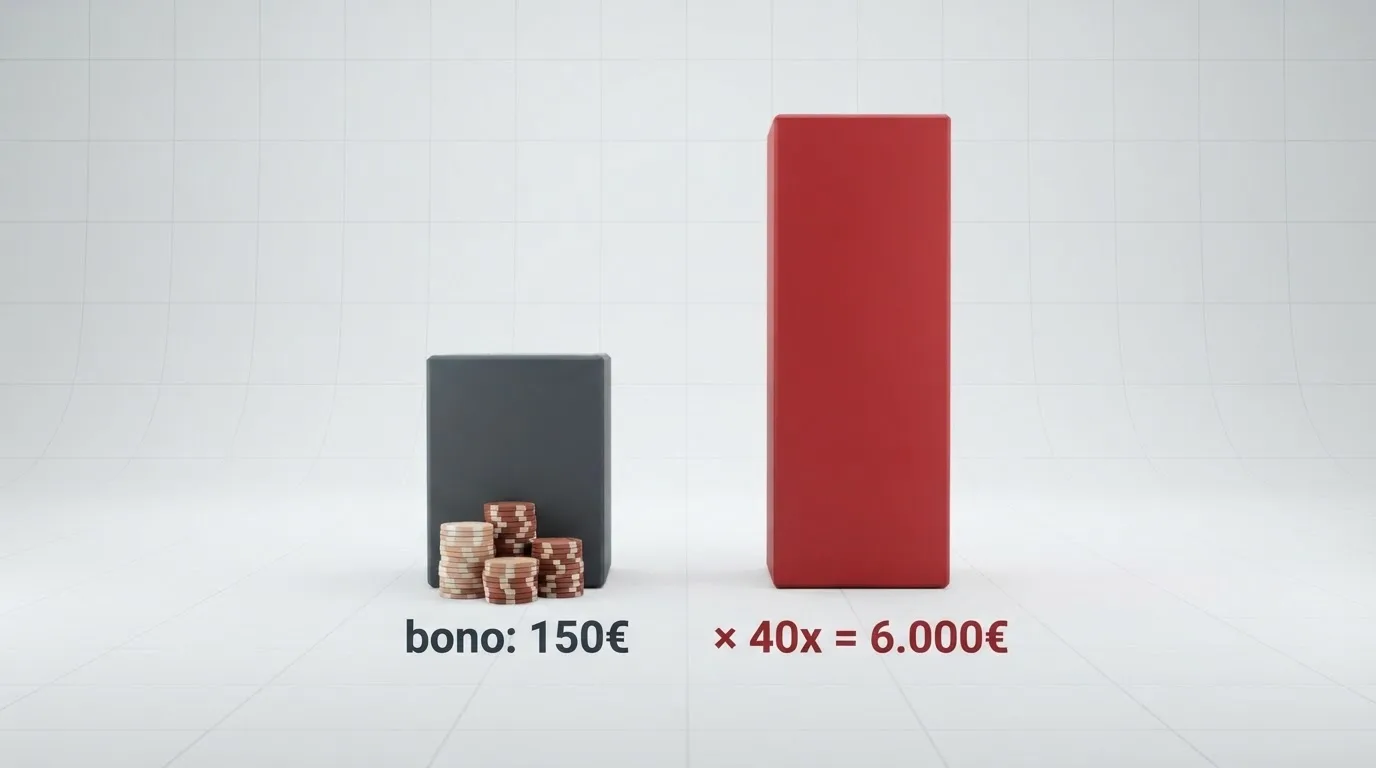 Representación visual del cálculo de un requisito de apuesta: importe del bono × multiplicador = total a apostar