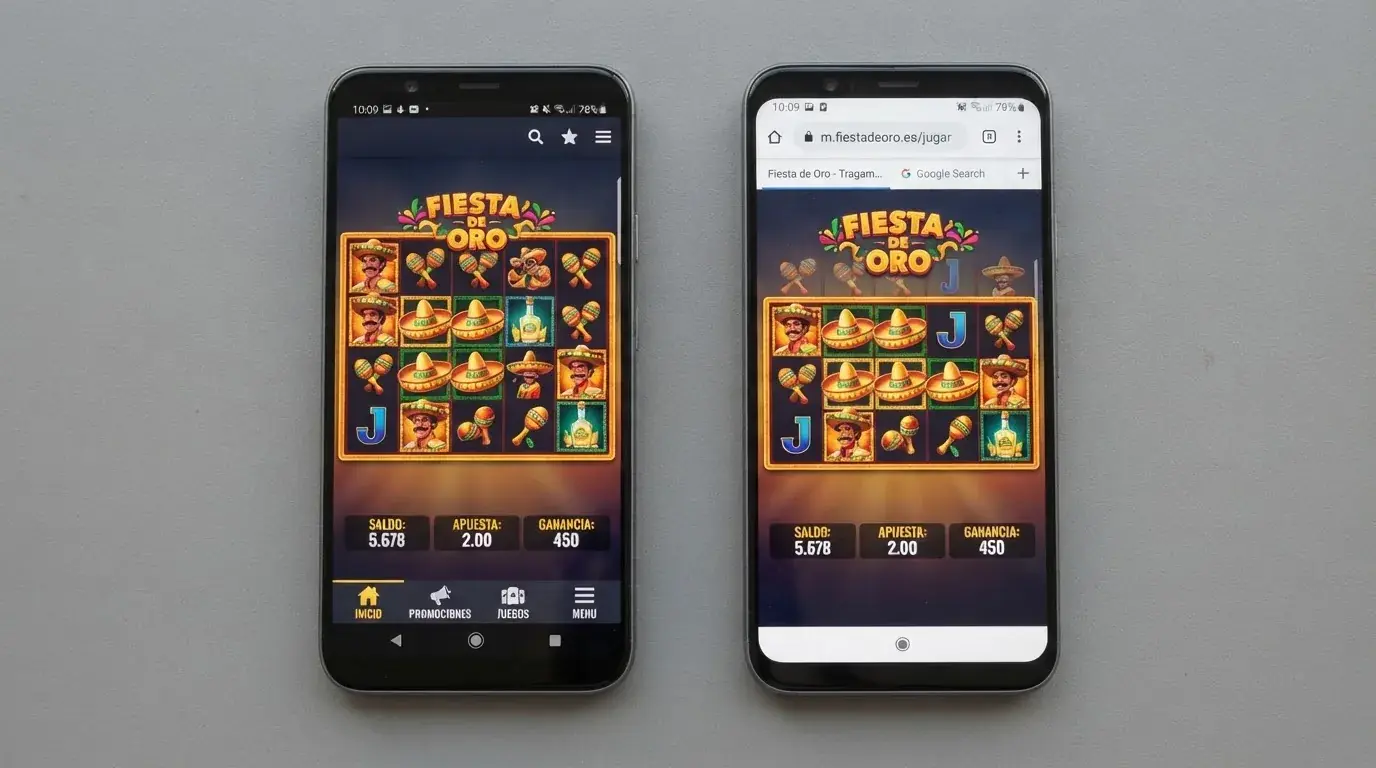 Dos teléfonos mostrando la misma tragaperras: uno en la app nativa y otro en el navegador móvil