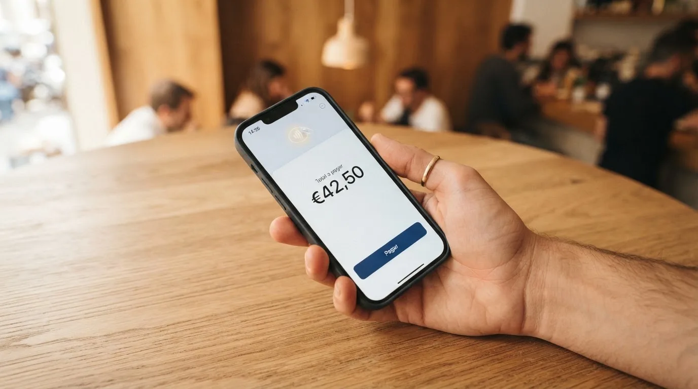 Mano sosteniendo un teléfono móvil con la pantalla de depósito de un casino abierta y el icono de pago sin contacto NFC visible