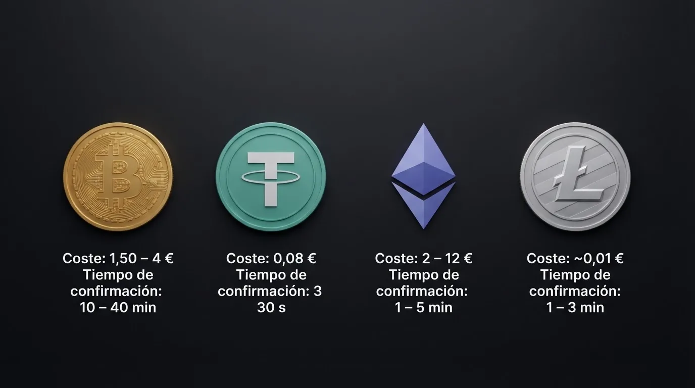 Una mano sujetando un monedero físico del que salen cuatro criptomonedas — bitcoin, USDT, ethereum y litecoin — cada una con una etiqueta de tiempo y coste en euros