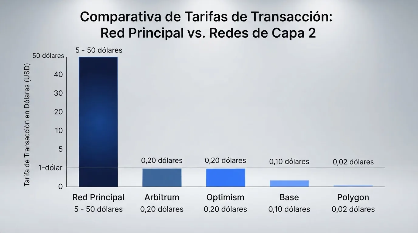 Gráfico de barras que compara la comisión de red de Ethereum en la red principal frente a cuatro capas 2: Arbitrum, Base, Optimism y Polygon