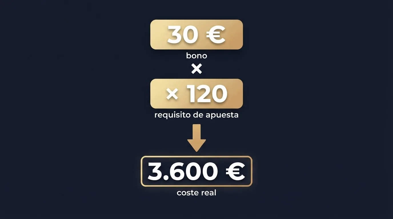 Infografía simplificada que muestra la fórmula del rollover: importe del bono multiplicado por el requisito de apuesta, con una flecha que apunta al coste real estimado