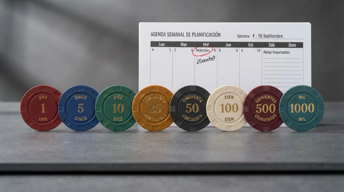 Composición con fichas de casino alineadas en fila, cada una con el nombre de un operador DGOJ distinto, sobre un fondo de color uniforme con un calendario marcando una fecha de cumpleaños