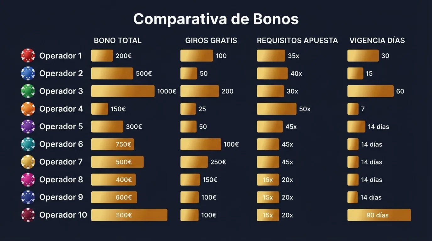 Tabla comparativa de bonos de bienvenida con columnas de bono, giros gratis, rollover y plazo por operador