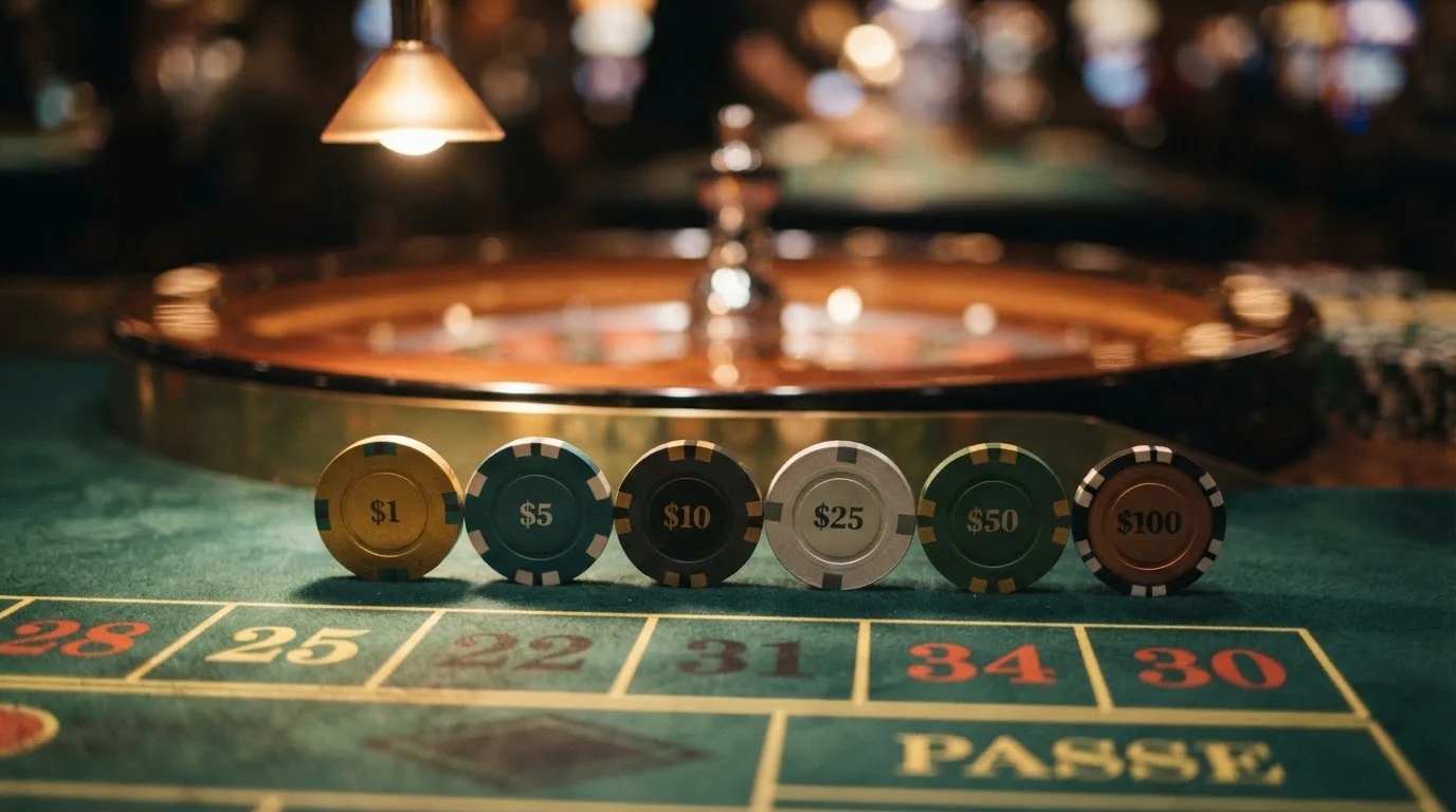 Una fila de fichas de casino con los colores y símbolos de distintas criptomonedas, entre ellas el logotipo de Binance Coin en dorado, alineadas sobre el tablero de una ruleta