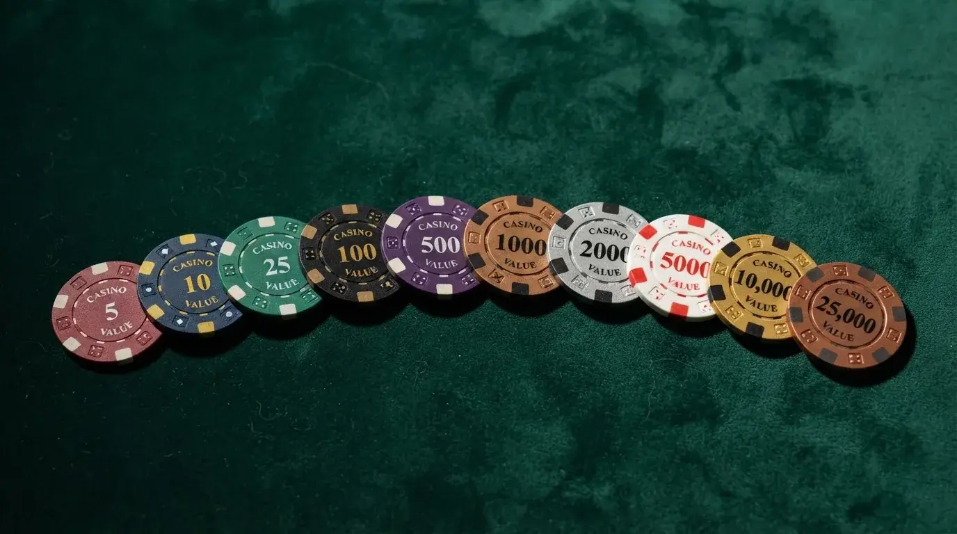 Diez fichas de póker alineadas sobre una mesa de juego, cada una con el logotipo de un operador distinto y un valor en DOGE en el centro