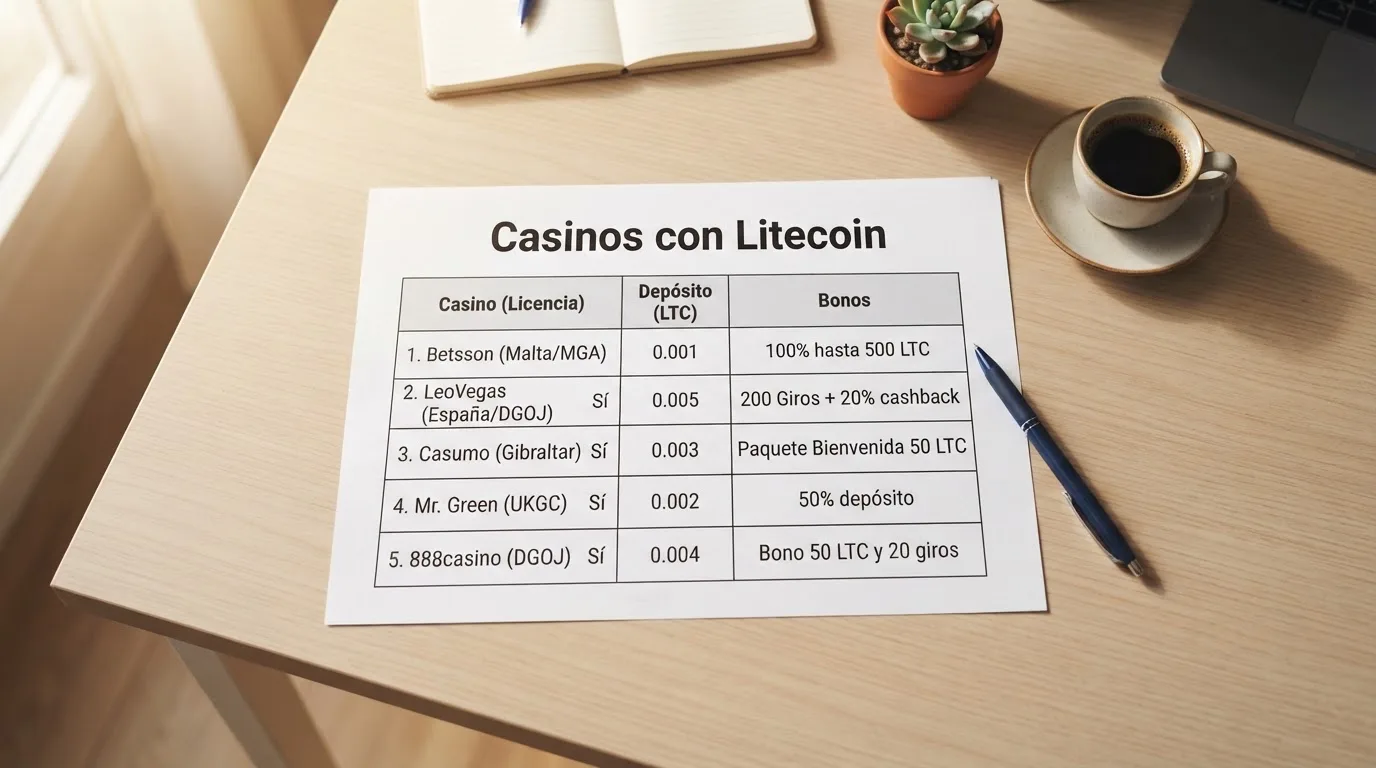 Tabla comparativa con los principales casinos online que aceptan Litecoin, mostrando licencias, proveedores y número de juegos