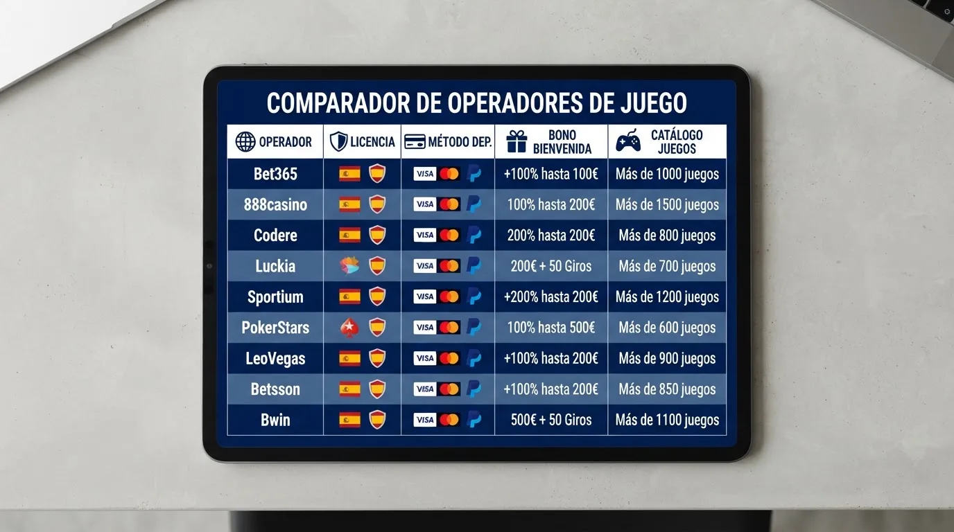 Tabla comparativa con filas de operadores y columnas de licencia, depósito SOL y bono