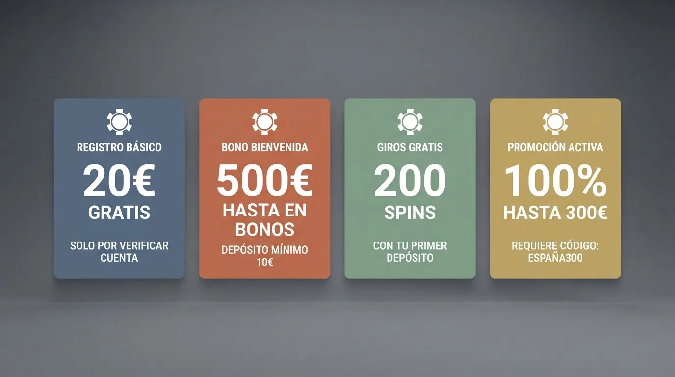 Pantalla dividida mostrando las fichas de varios casinos españoles con sus condiciones de bono de registro visibles en tarjetas ordenadas