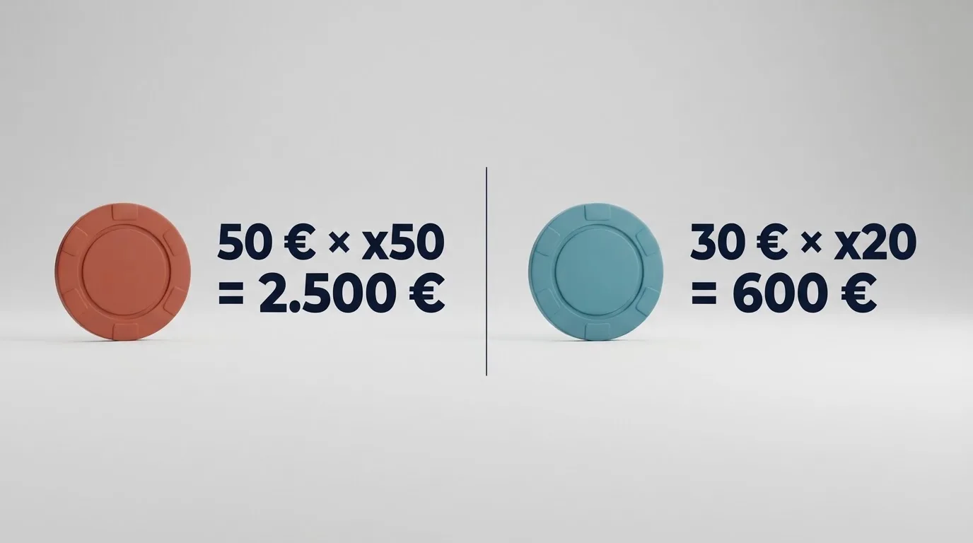 Primer plano de una tabla comparativa con los importes de bono, requisitos de apuesta y plazos de validez de varios operadores españoles