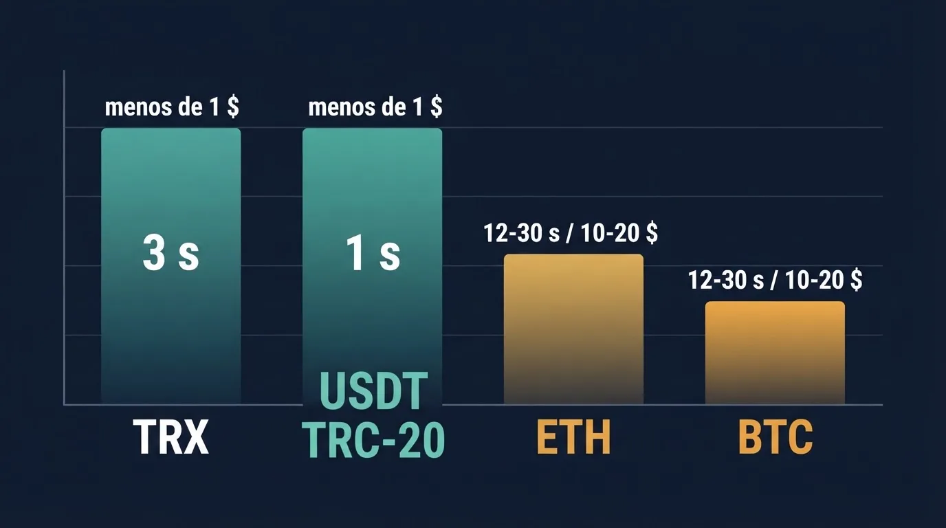 Gráfico de barras comparando el tiempo de confirmación y la comisión media de TRX, BTC, ETH y USDT TRC-20