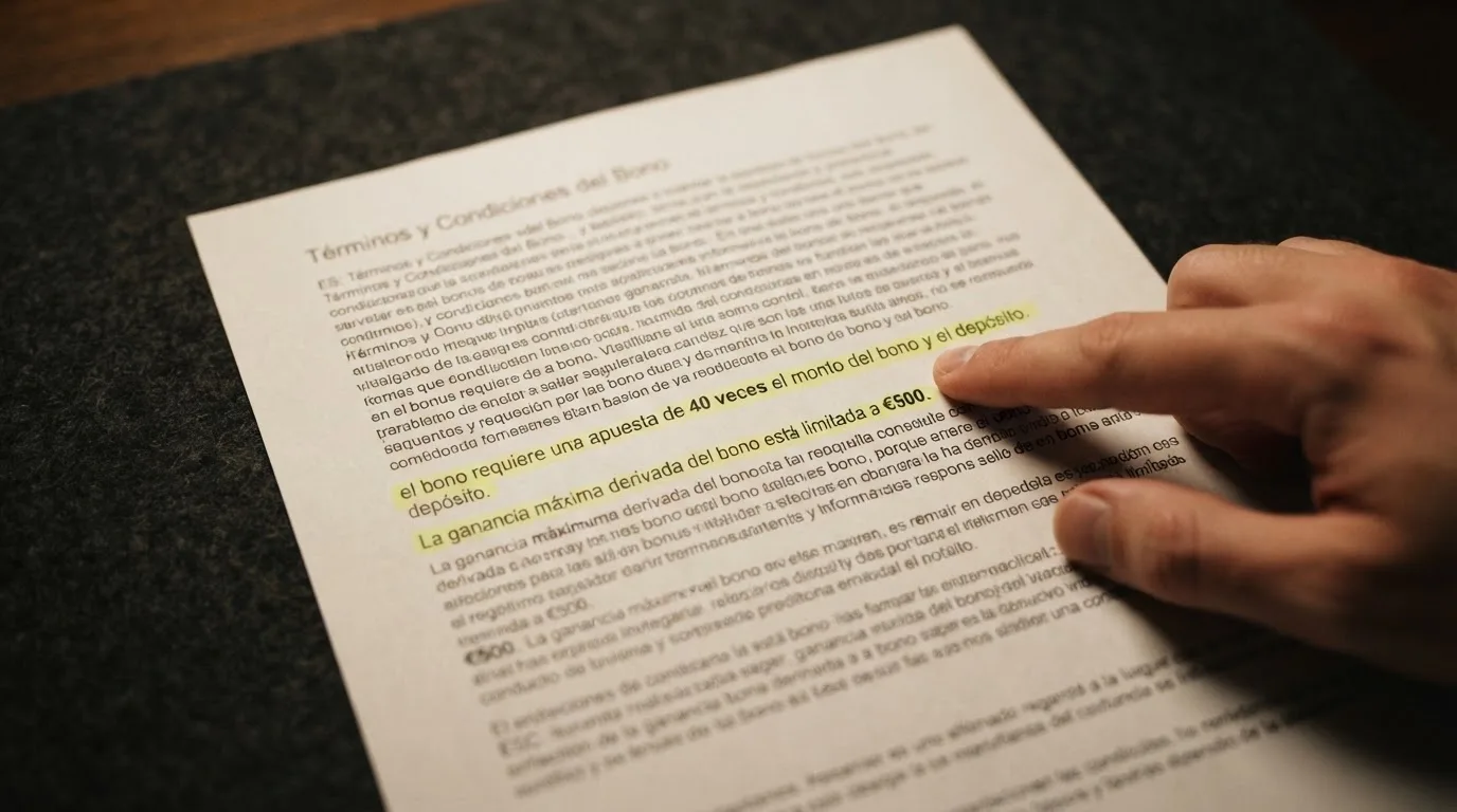 Primer plano de los términos y condiciones de un bono sin depósito con las cifras de rollover y límite de ganancia resaltadas sobre el texto.