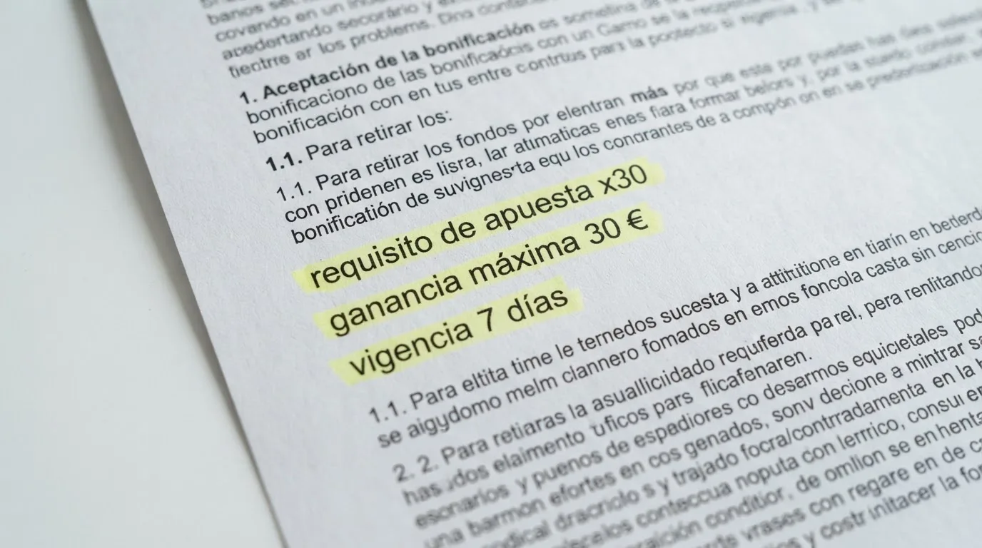 Primer plano de los términos de un bono sin depósito con tres líneas resaltadas: requisito de apuesta x30, ganancia máxima 30 € y vigencia 7 días.