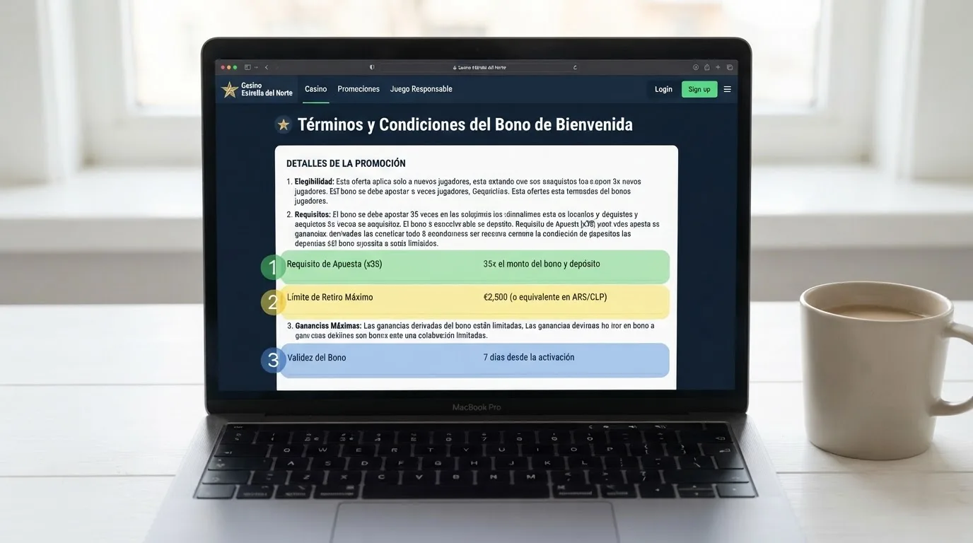 Primer plano de la sección de términos y condiciones de un bono sin depósito en un casino online español, con los campos de rollover, tope de retirada y plazo de validez resaltados