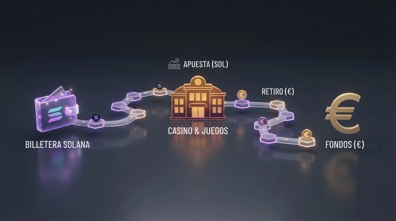 Diagrma visual del recorido del SOL: monedero → blockchain → casino (o Bitnovo), y del euro de vuelta al jugador