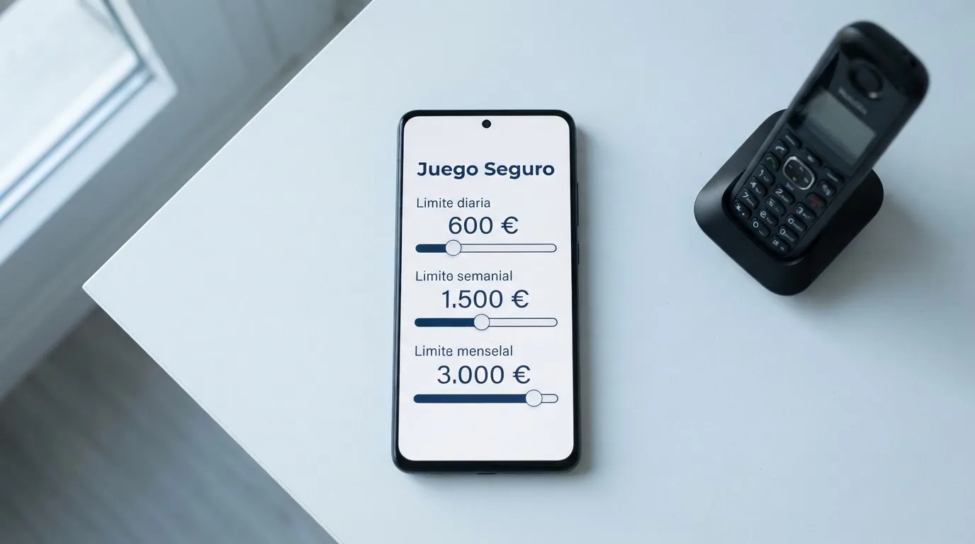 Pantalla de configuración de límites de depósito en un casino online con un teléfono de ayuda visible y la leyenda «juego seguro» en el encabezado
