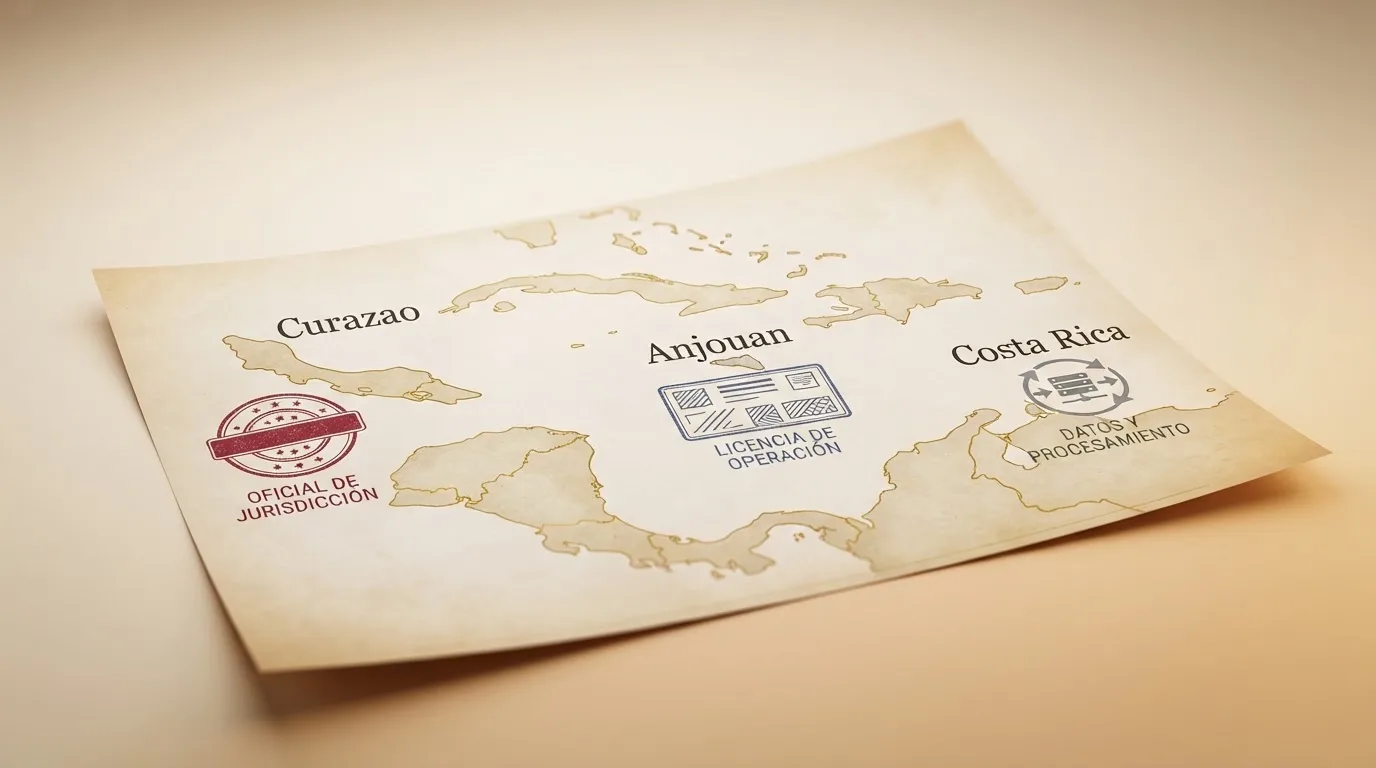 Mapa simplifcado con las tres jurisdiciones offshore — Curazao, Anjouan y Costa Rica — y los sellos de licencia que las identifican