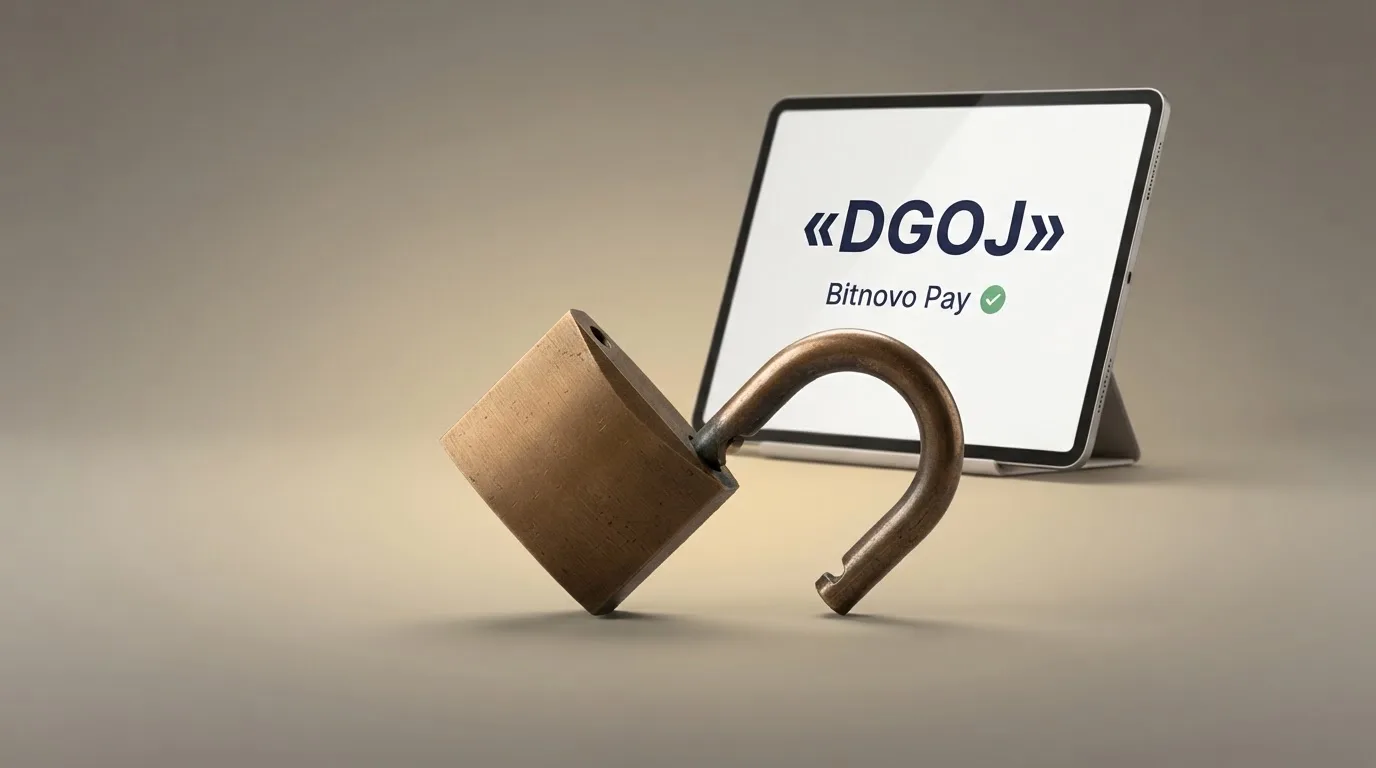 Un candado abierto sobre el escudo de España y una pantalla mostrando el sello de la DGOJ junto a la palabra «Bitnovo Pay» en la misma pantalla