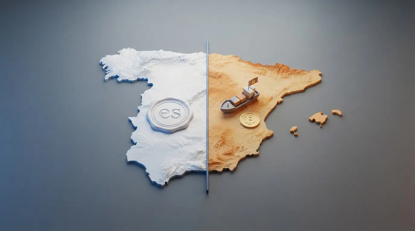 Un mapa esquemático de España con una línea divisoria: a la izquierda, el dominio .es y el sello DGOJ; a la derecha, un barco con bandera de Curazao y el símbolo de bitcoin