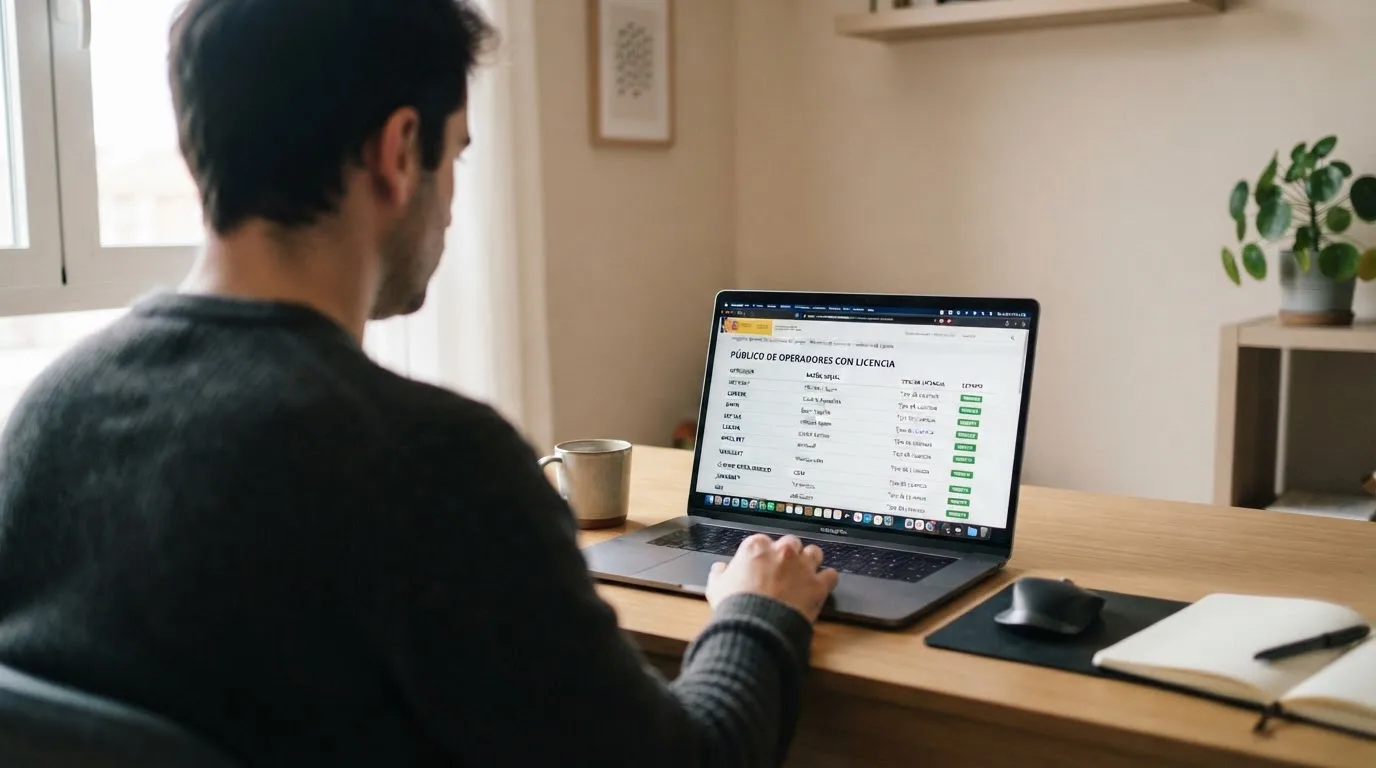 Captura del sitio web de la DGOJ mostrando el registro de operadores con licencia de juego online en España junto al dominio .es de un casino autorizado
