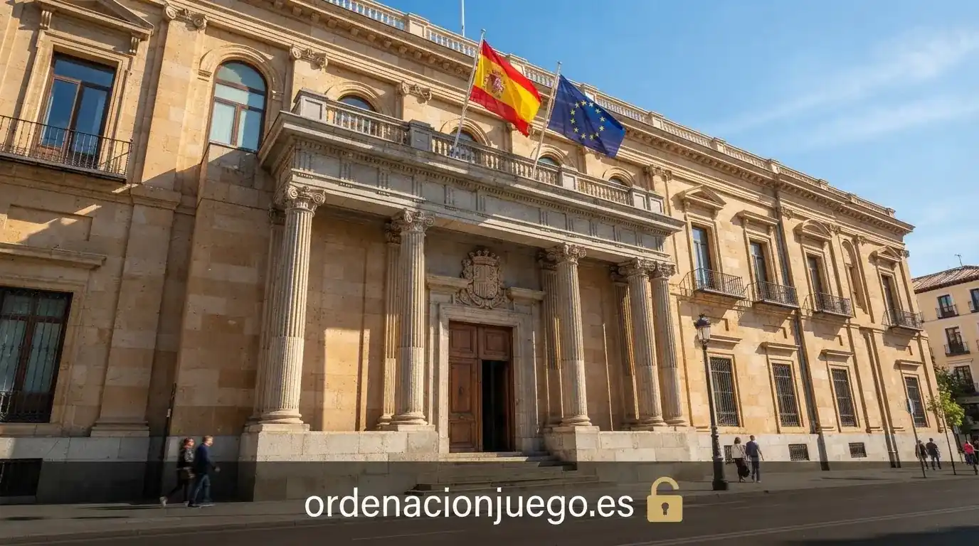 Fachada de un edificio institucional español con la bandera de España y la UE, sobreimpresión del texto «ordenacionjuego.es» y un candado abierto