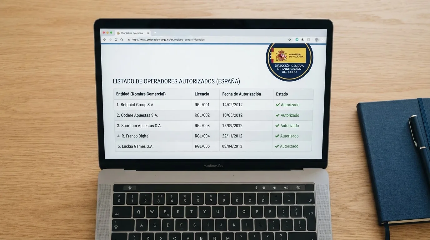 Una captura parcial de la web ordenacionjuego.es mostrando el listado de operadores con licencia, con el dominio .es y el logotipo de la DGOJ visibles en la interfaz