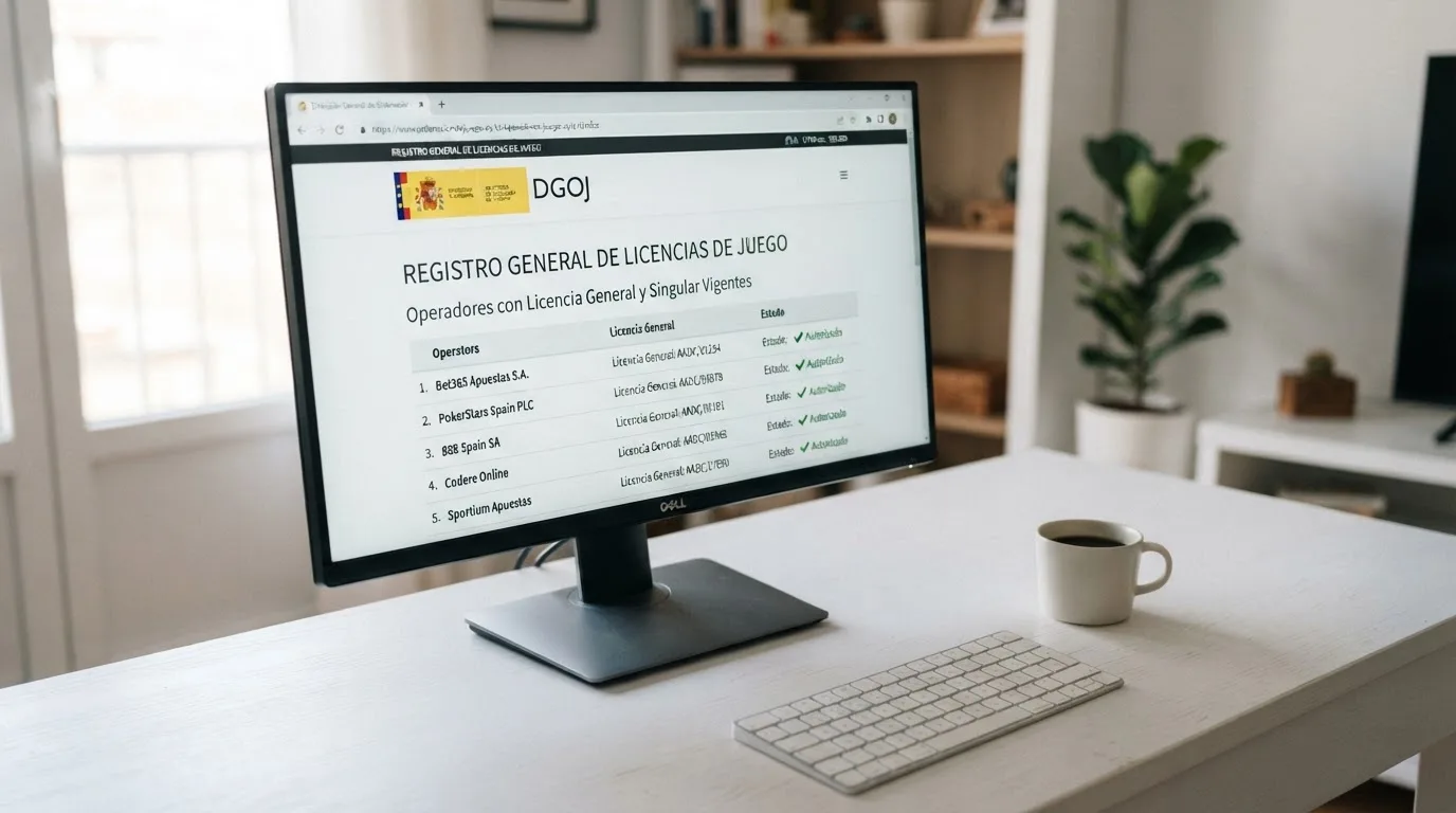 Pantalla de ordenador mostrando la sede electrónica de la DGOJ con el registro de operadores autorizados y el dominio .es visible en la barra del navegador