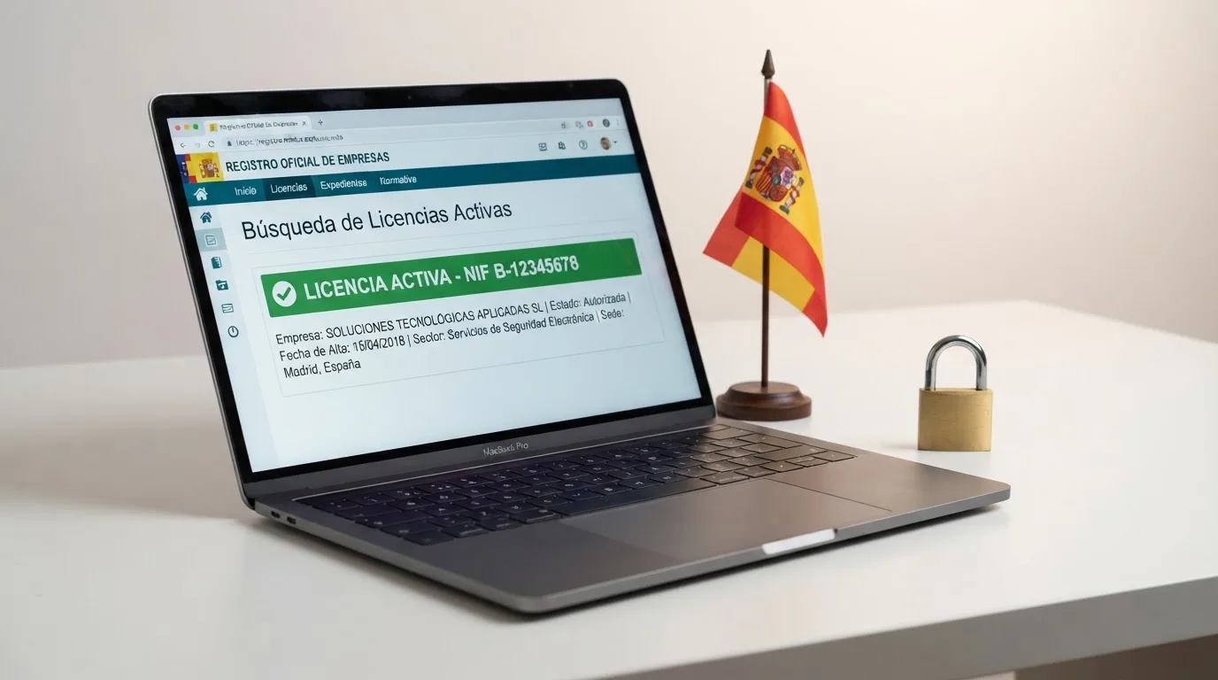Pantalla del buscador de operadores de la DGOJ en ordenacionjuego.gob.es con un resultado de licencia activa, junto al logo de la DGOJ y un candado con la bandera de España