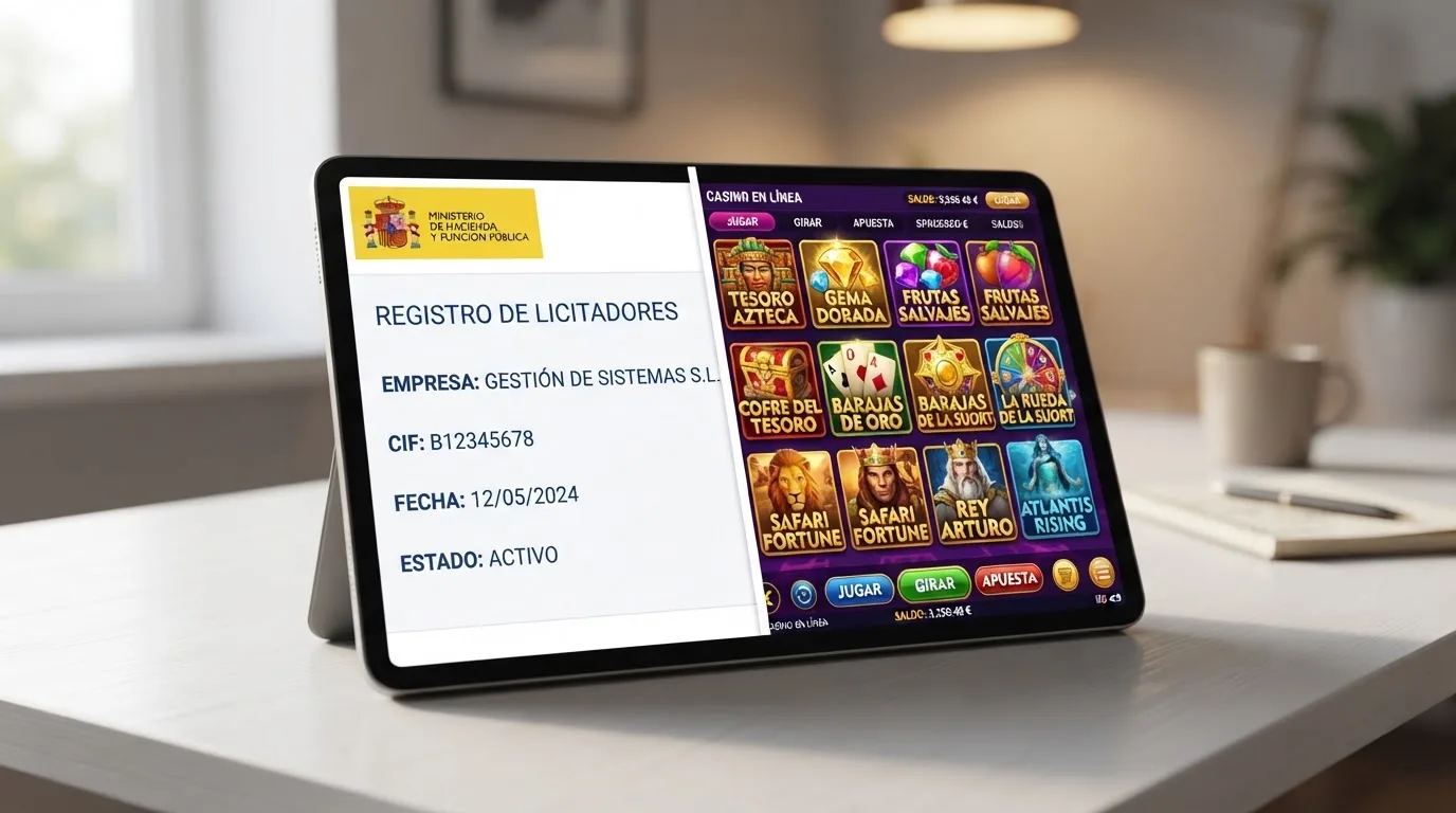 Pantalla dividida: a la izquierda, la web de ordenacionjuego.es con el registro de operadores; a la derecha, un casino genérico sin distintivos legales reconocibles