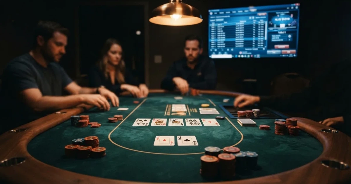 Mesa de poker online con fichas, cartas y la interfaz de una sala de poker en pantalla
