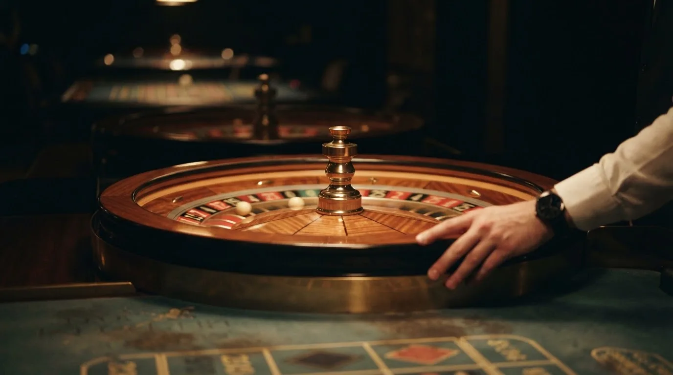 Mesa de ruleta en vivo con crupier de habla española y primer plano del cilindro girando durante una partida