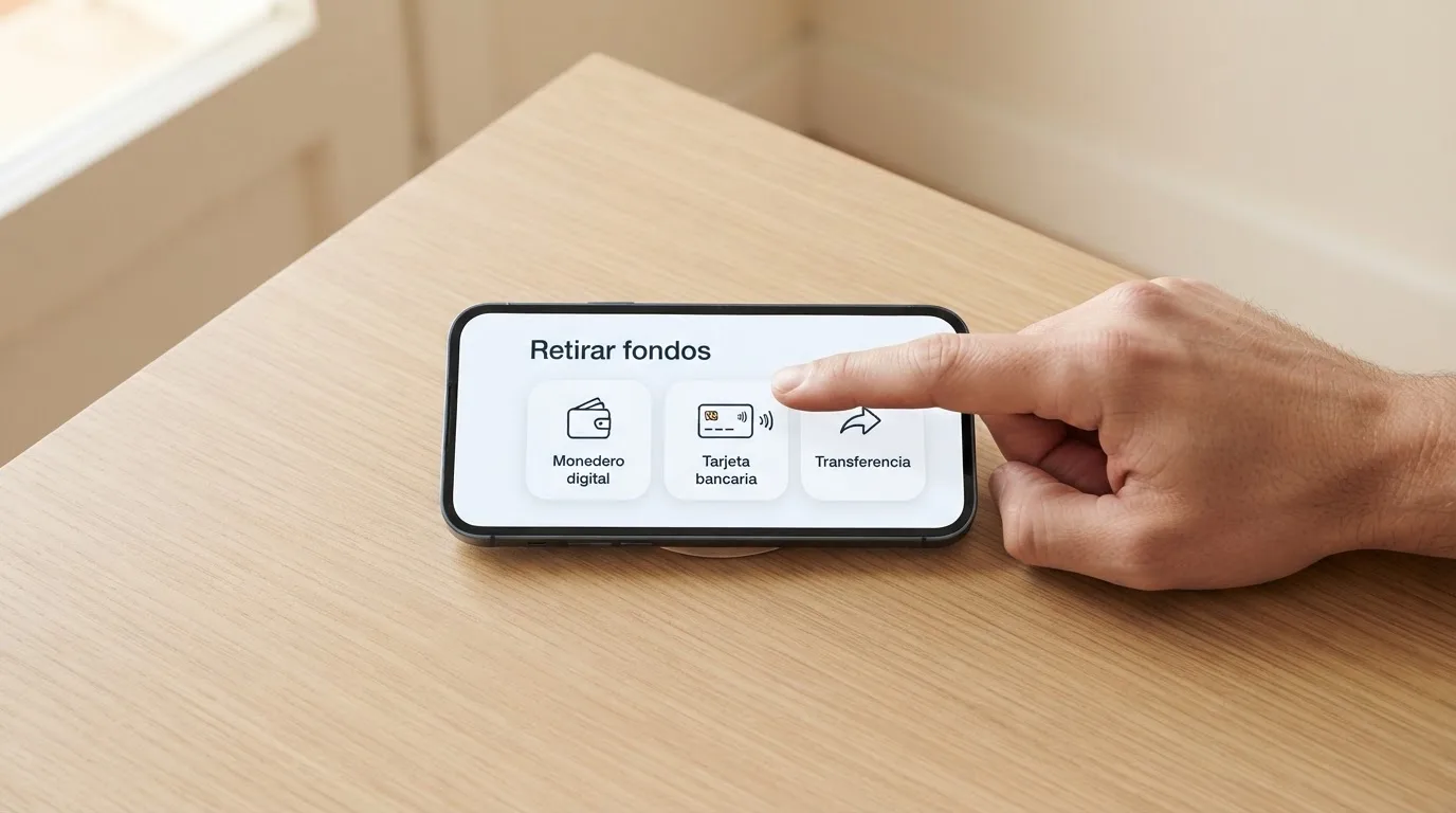 Un teléfono móvil mostrando una pantalla de retirada con varios iconos de métodos de pago — PayPal, tarjeta y transferencia