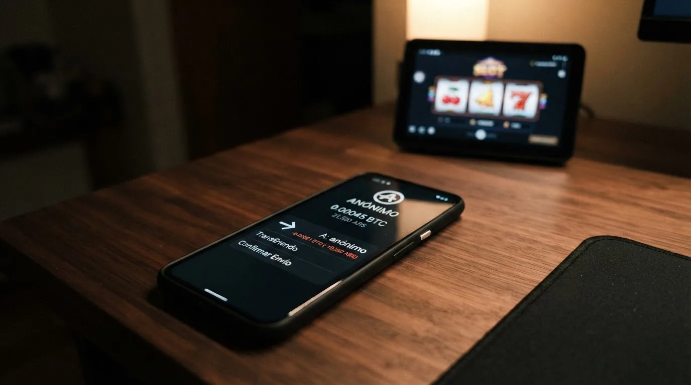 Un monedero digital mostrando un envío de Bitcoin hacia la interfaz de un casino online, con la palabra «anónimo» visible en la pantalla del casino
