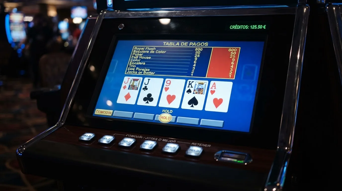 Pantalla de máquina de video poker con una mano de Jacks or Better y la tabla de pagos iluminada