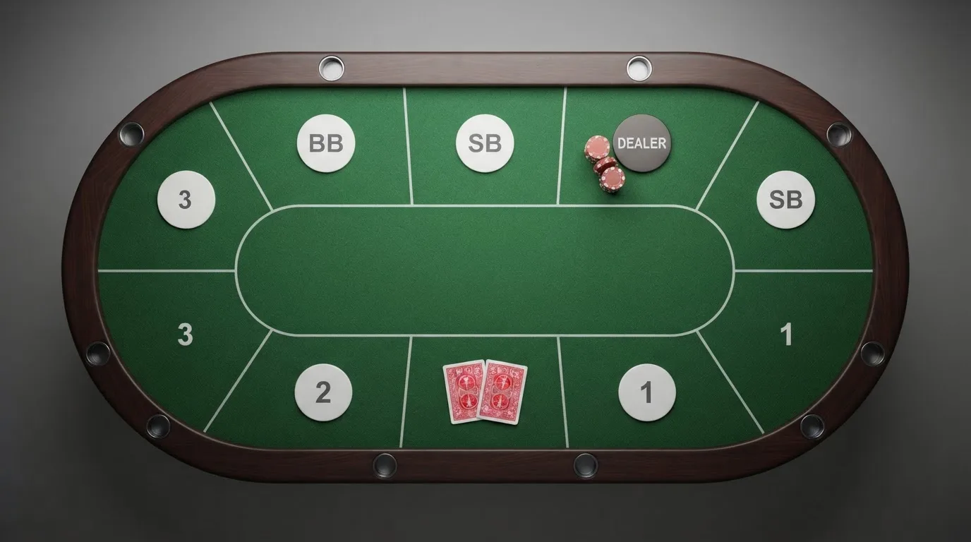 Disposición gráfica de una mesa de poker online con las posiciones marcadas: dealer, ciega pequeña, ciega grande, early, middle y late position