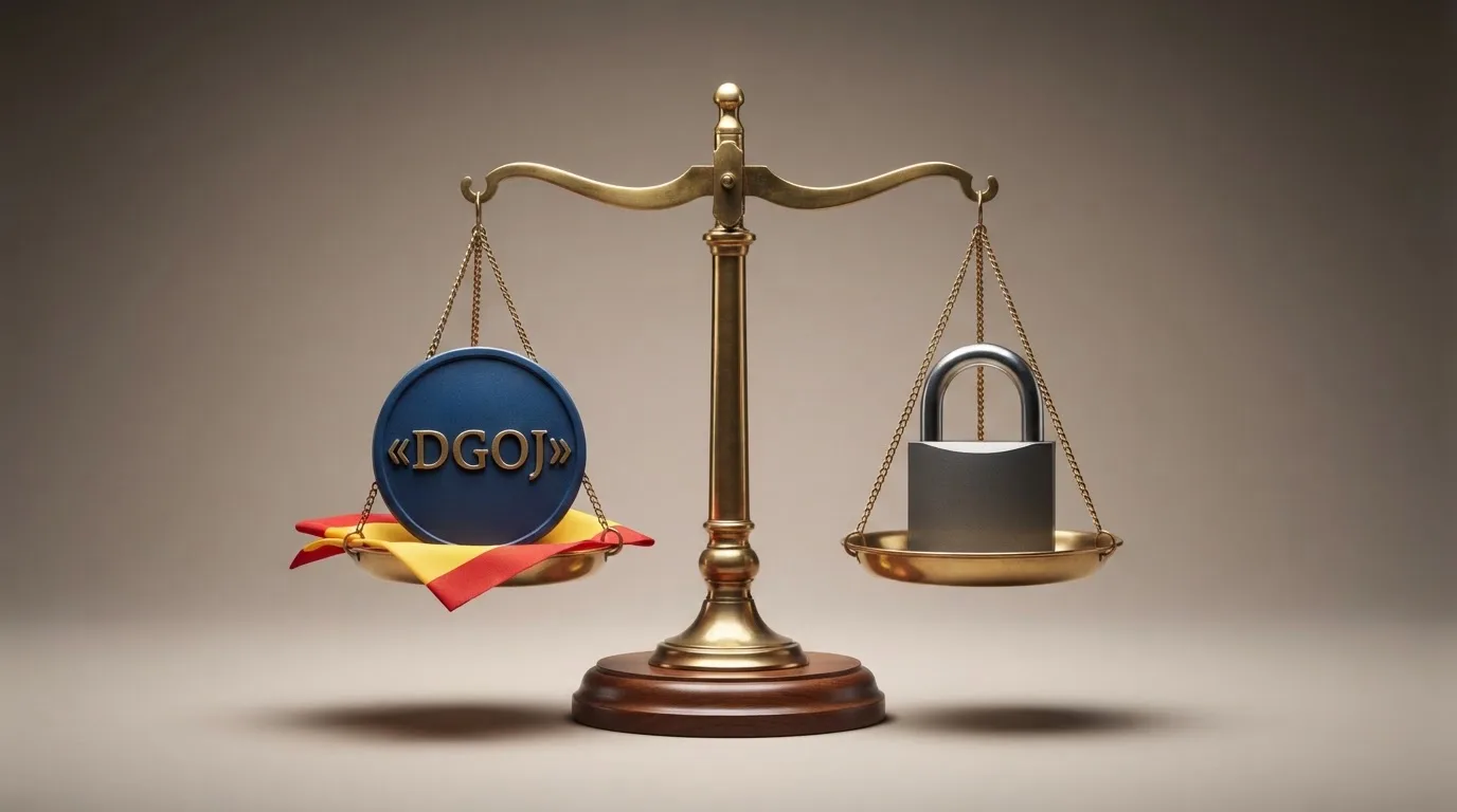 Una balanza con dos platillos: en el izquierdo, un escudo con la etiqueta DGOJ sobre la bandera de España; en el derecho, un candado entreabierto sin distintivo regulatorio reconocible