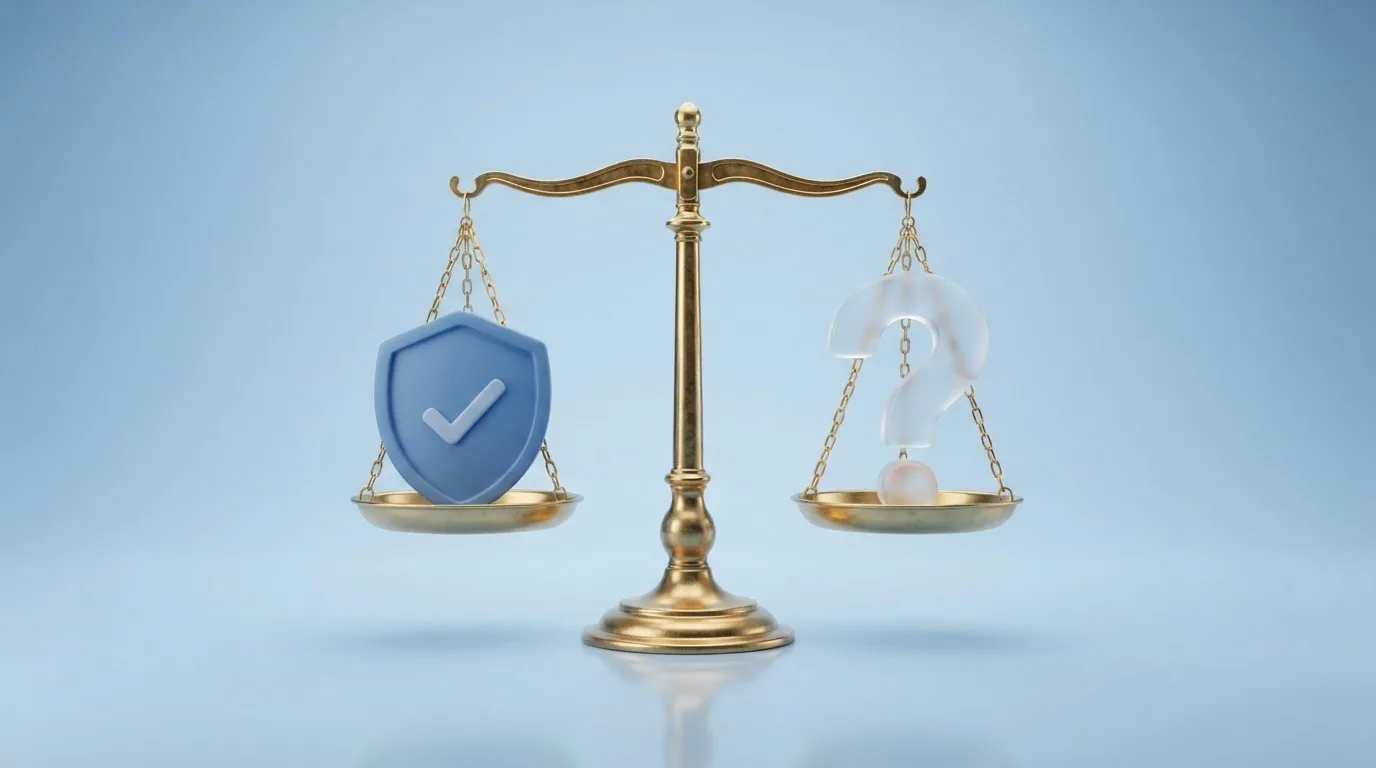 Una balanza con el escudo de la DGOJ en un platillo y un signo de interrogación en el otro, sobre un fondo azul institucional