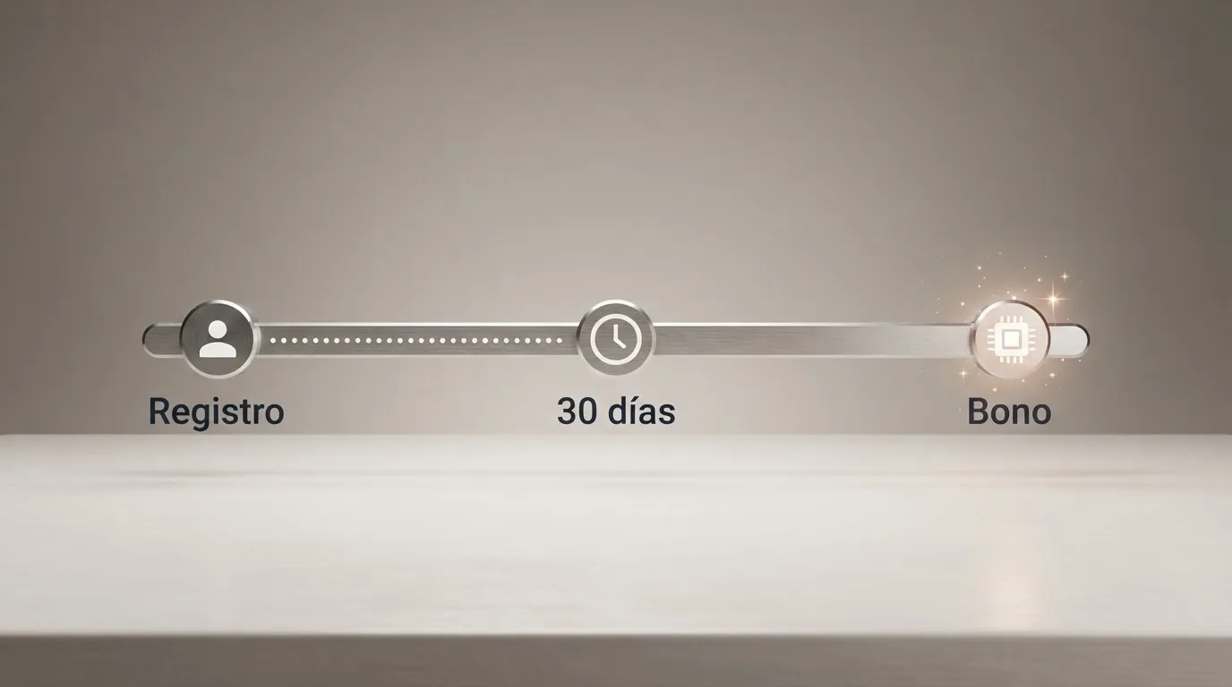 Infografía de la línea temporal de la restricción española: registro, 30 días de espera y recepción del bono