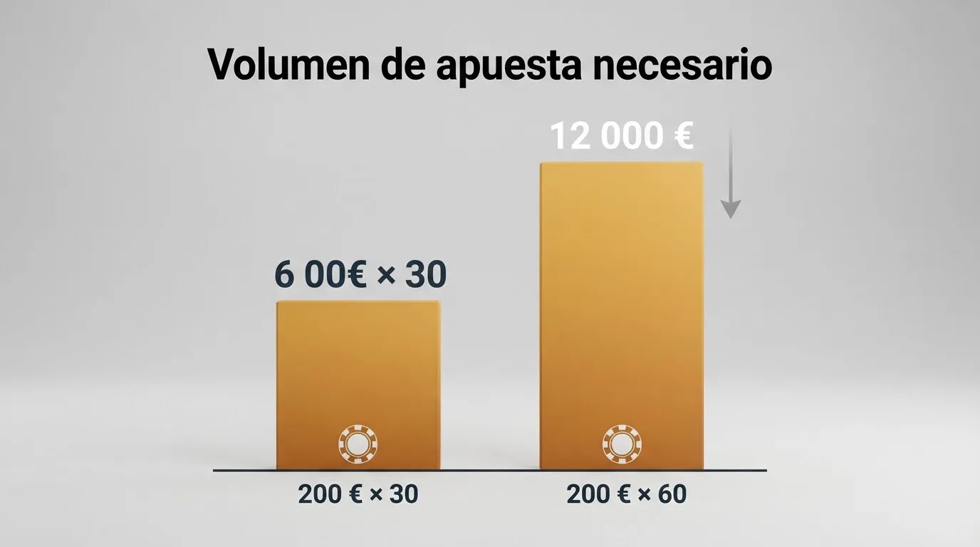 Gráfico que muestra cómo un bono de 200 € se convierte en 6.000 € de volumen de apuesta con un rollover x30