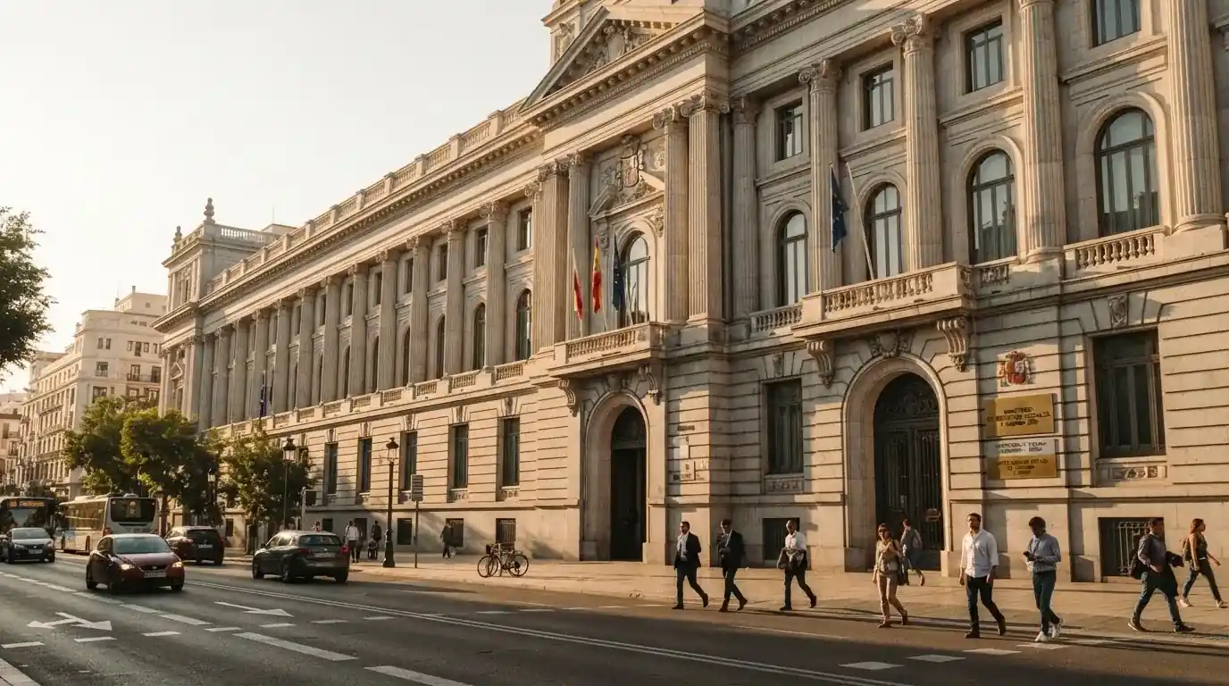 Edificio institucional del Ministerio de Derechos Sociales, Consumo y Agenda 2030 en Madrid, con el logo de la DGOJ visible en la fachada