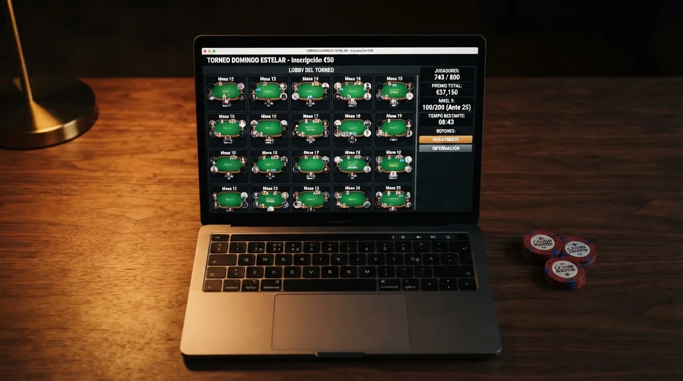 Sala de torneos online con múltiples mesas abiertas, contador de jugadores y premios garantizados visibles