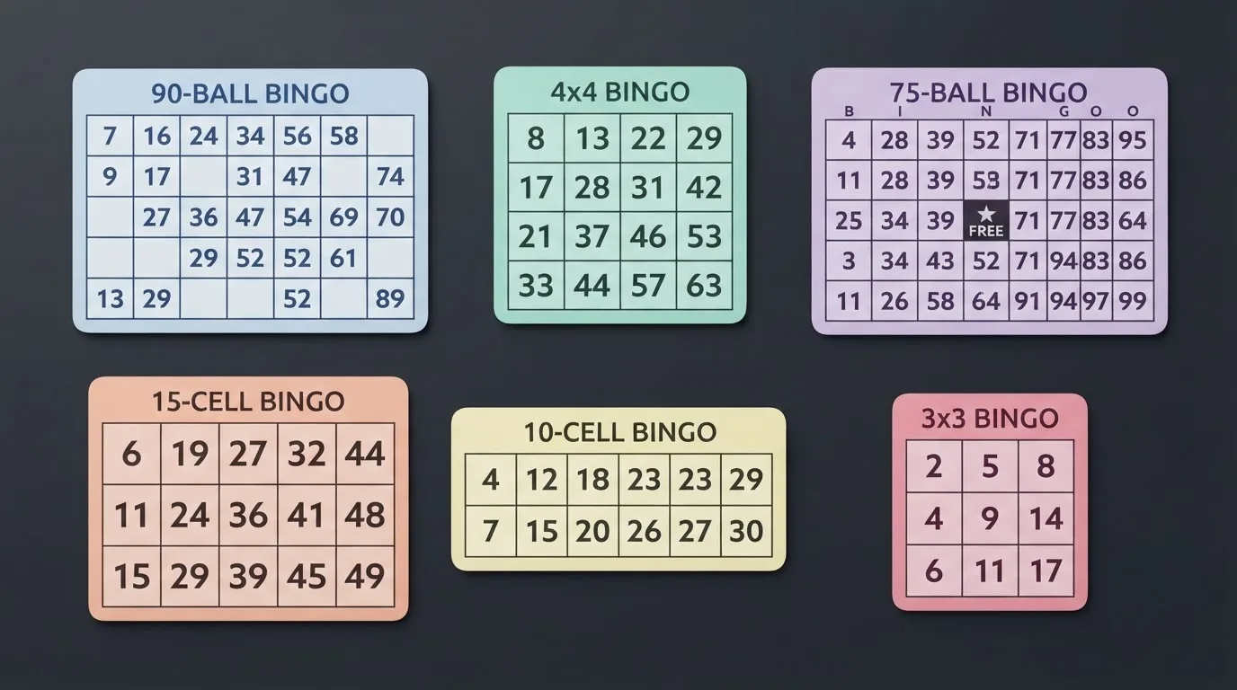 Cartones virtuales de las seis variantes de bingo online —90, 80, 75, 60, 50 y 30 bolas— dispuestos en cuadrícula comparativa
