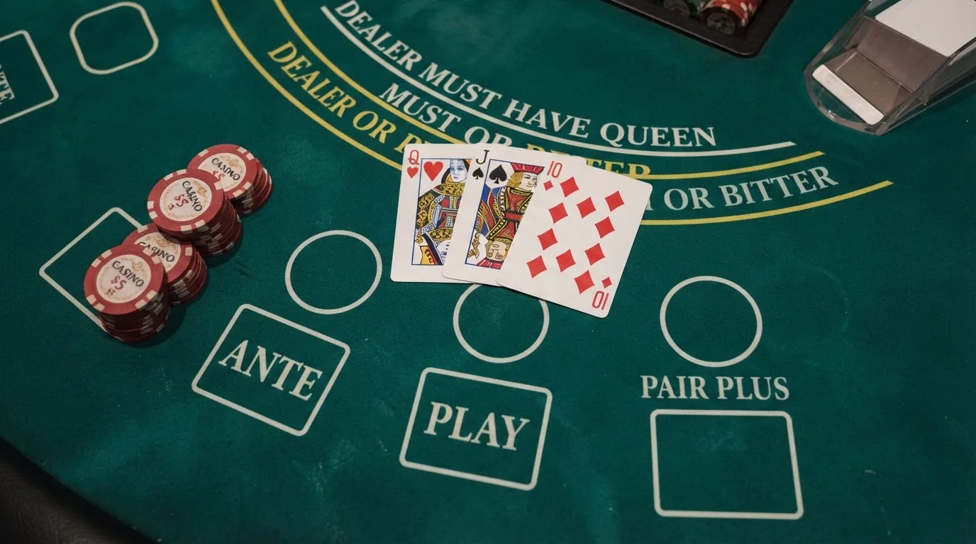 Fichas de casino apiladas junto a tres cartas de poker boca arriba sobre tapete verde, en formato Three Card Poker